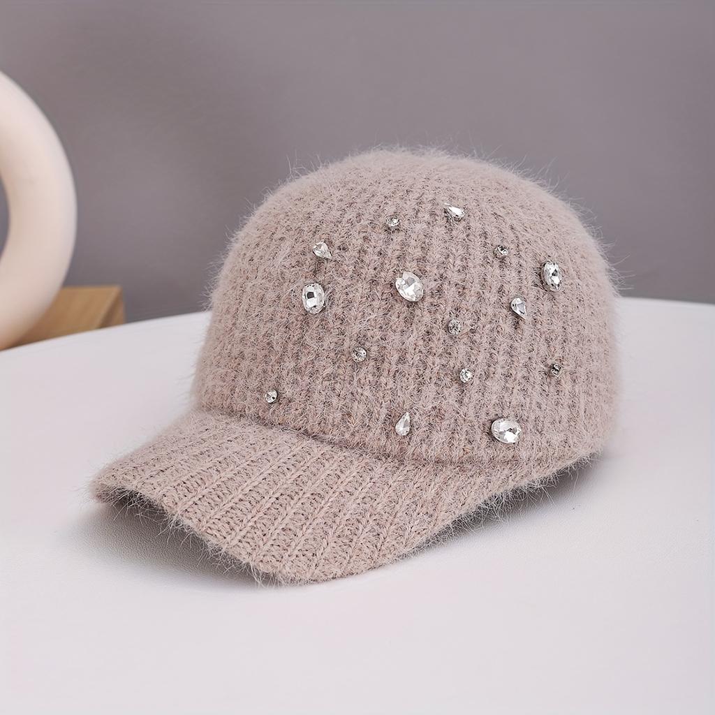Women's Luxury Furry Hat with Artificial Jade Long Plush Yarn & Rhinestone-Adorned Wide Brim, Adjustable Non-Stretch Fit, Hand Washable Winter Cap