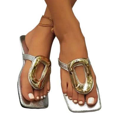 Silvery Fashion Metal Footwear Women Slippers Flip Flops Summer Beach Female Slides Slippers Luxury Ladies Flats Sandals Shoes