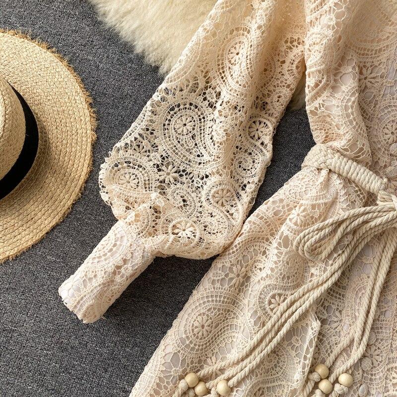 Lace Elegant Dress Women Spring Autumn New O-Neck Lantern Sleeve Hollow Out Short Dresses Korean Chic Fashion Robe