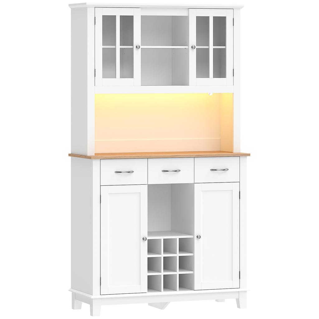 High Kitchen Sideboard with LED, Display Cabinet, 4 Doors, 2 Glass, Drawers, Bottle Rack, White