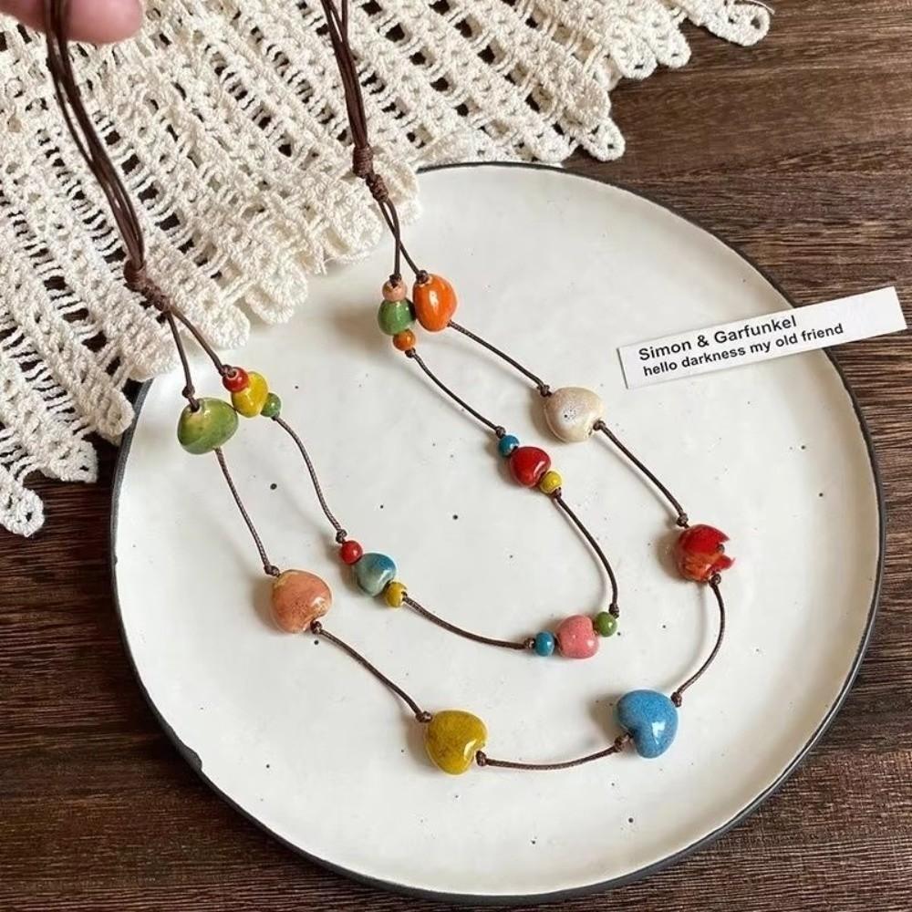 Adjustable Colorful Ceramic Necklace Woven Rope Boho Style Necklace for Women Fashion