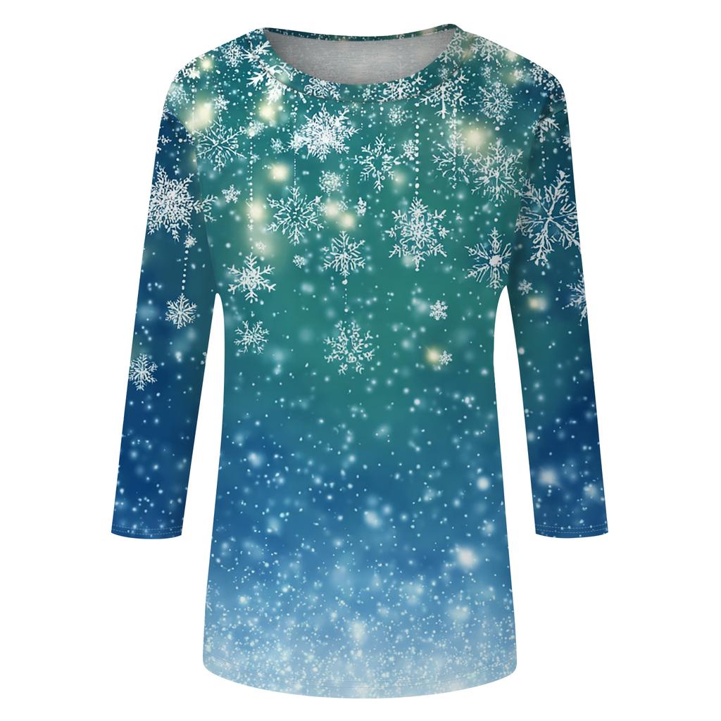 Women's Fashion Casual Christmas Tree Printed Round Neck Three-Quarter Sleeve T-Shirt Top