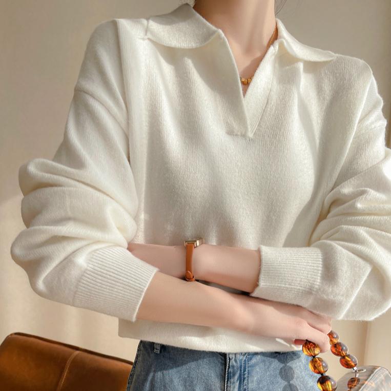 POLO-Kragen Strickpullover Damen Herbst und Winter Modischer Lockerer Pullover Vielseitiger Einfarbiger Freizeitpullover