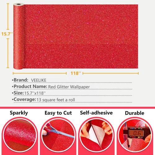 VEELIKE Glitter Wallpaper Stickers, Red, 40x300cm, 0.6mm Thick, Glitter-Infused, Cutting Sheet, Wall Stickers, Glitter Stickers, Gift Wrapping, Furnit