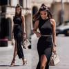 Summer Solid Colour Round Neck Vest Side Opening Half Skirt Set