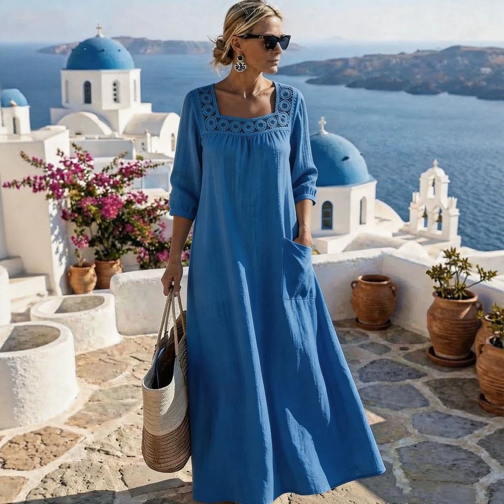 2026 new women's clothing, casual square collar 7-point sleeve cotton and linen solid color women's dress