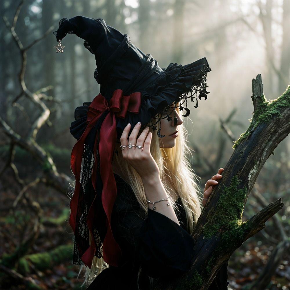 Bow Ribbon Lolita Witch Hat Star and Moon Pendant Wizard Cap Masquerade Cap  Cosplay Event