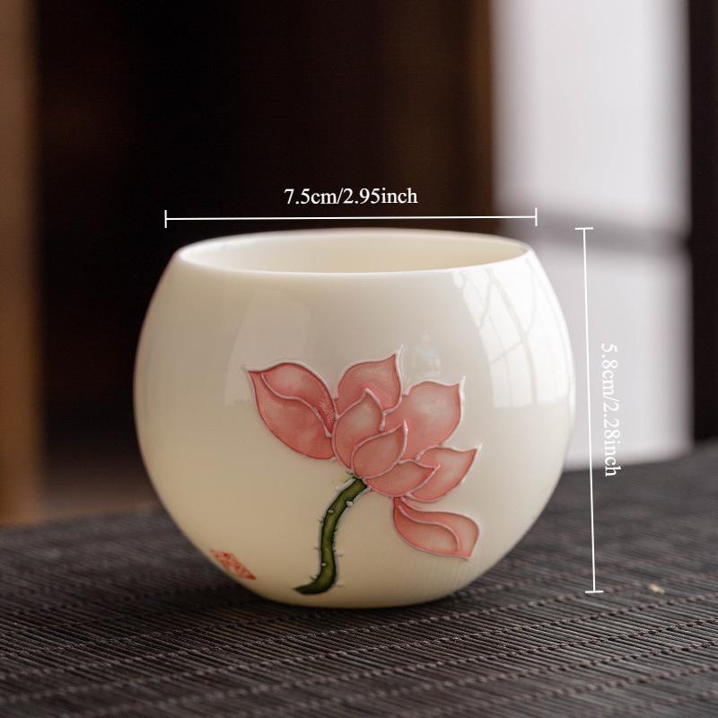 Hand Drawn Relief Sheep Fat Jade High End Ceramic Tea Cup Single Cup