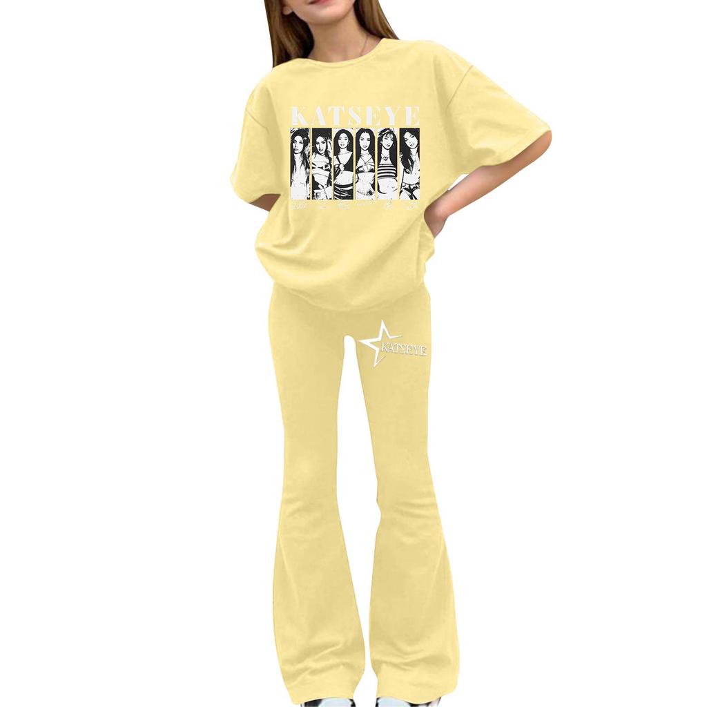Kids Girls Casual Short Sleeve Printed Outfit Set for Play and Daily Wear