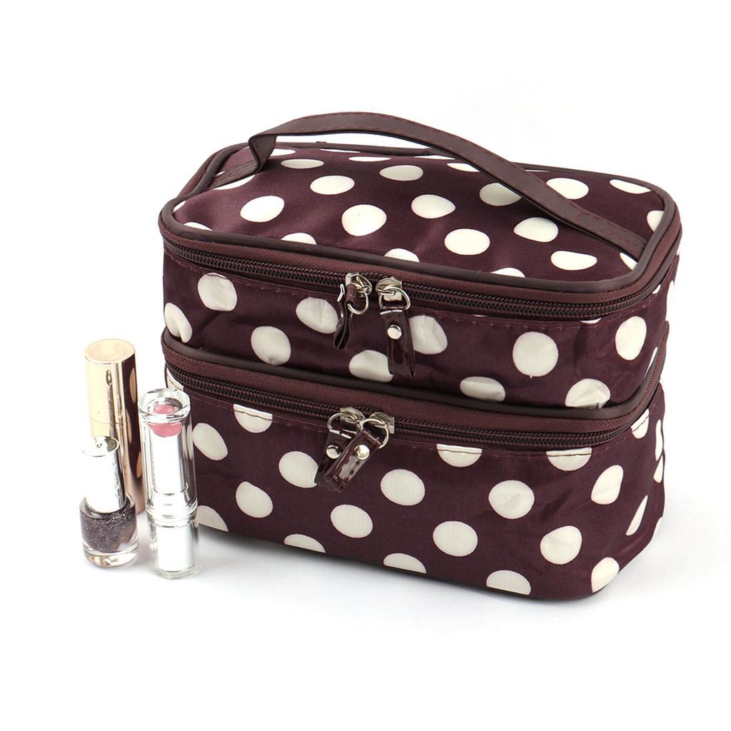 Travel Cosmetic Makeup Bag Organizer Double Layer Dot Pattern Toiletry Bag Case Pouch With Mirror For Woman
