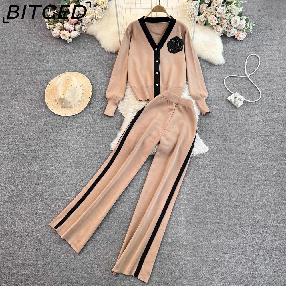 

Модный набор: Длинные рукава, контрастный цвет, V-образный вырез, вязаный кардиган, комплект из двух предметов, высокая талия, прямые брюки, широкие брюки One size хаки