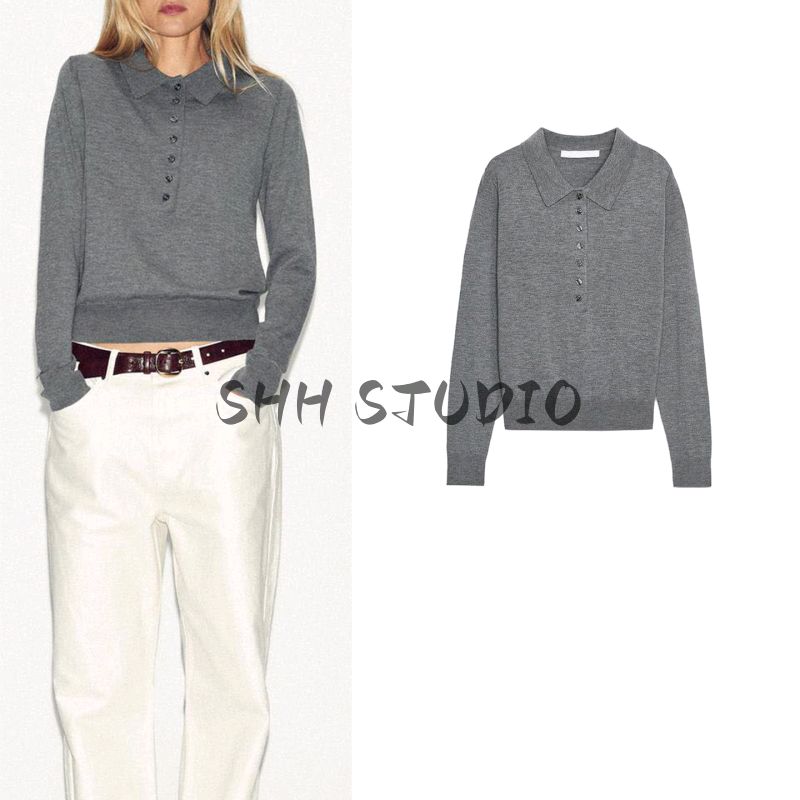 Autumn New Women Clothes Idle Style Decorated Row Button Long Sleeve Polo Shirt Collar Plain Stitch Knit 2142271
