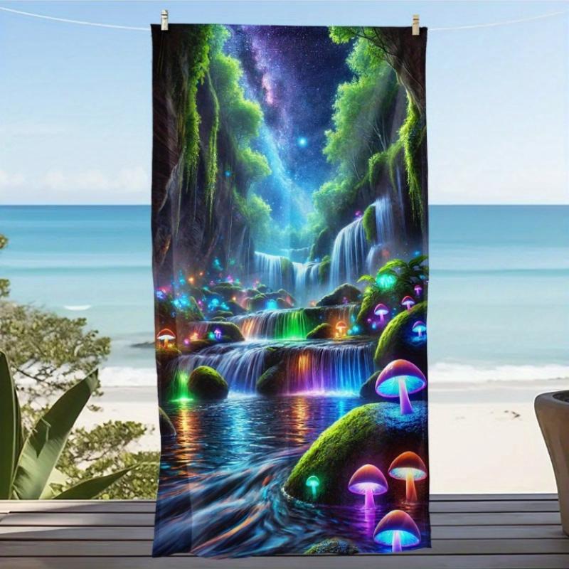 

1pc Glowing Mushroom Waterfall Beach Towel - Magical Tropical Design with Starry Night Sky & Cascading Waterfalls, Multi-Size W40*H60(CM)