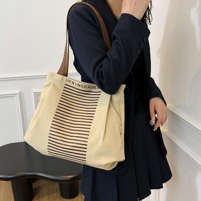 Niche Striped Canvas Bag Fashionable Large-capacity Single-shoulder Bag Versatile Class and Commuting Tote Bag