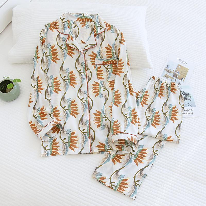 Warm Season and Summer Cotton Pajamas Suit Plus Size Home Service Soft Long-sleeved Geometric Pattern