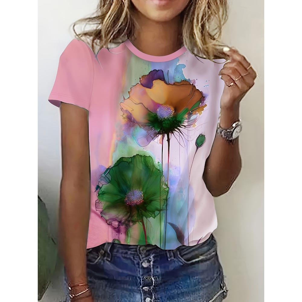 Ink Painting Floral T-Shirts Flower 3D Print Women Summer Short Sleeve Round Neck T Shirt Tees Harajuku Y2K Tops Female Clothing