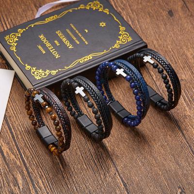Natural Stone Leather Bracelet: Obsidian, Volcanic Rock, Multi-layer Cross Design