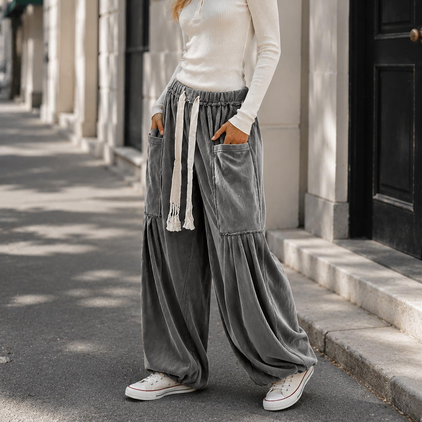 Women’s Fashionable Casual Loose-Fit Wide-Leg Drawstring High-Waisted Corduroy Trousers S серый