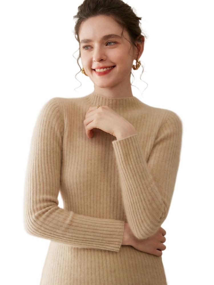Women's Cashmere Half-Turtleneck Slim Pullover - Warm, Ribbed, and Perfect for Layering