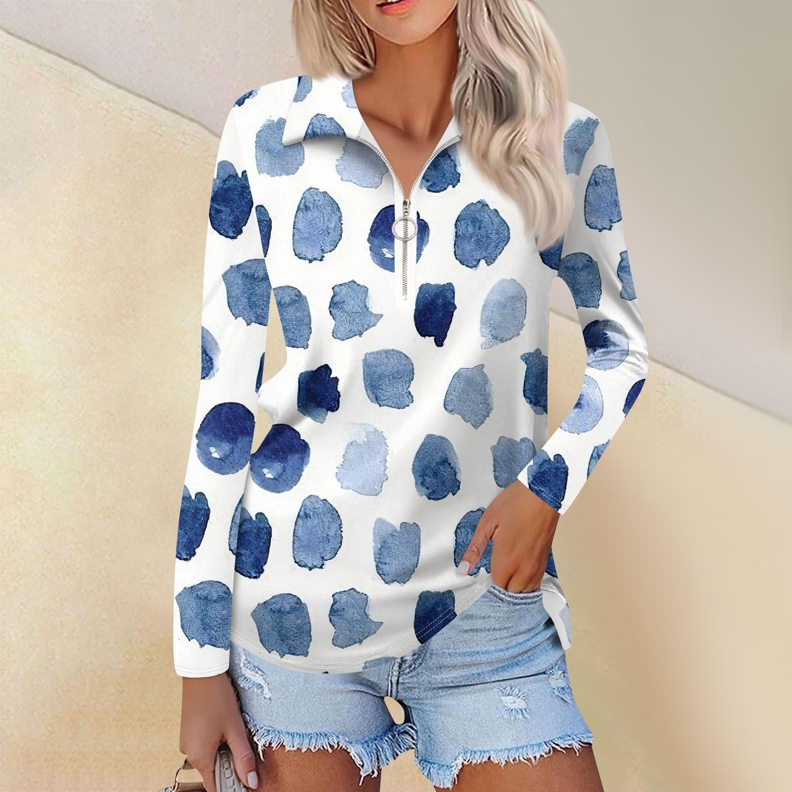 

Women s Spring And Fashion Casual Printed Zipper V-Neck Long Sleeve Shirt Tops S синій