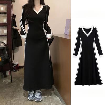 Design Sense Nische Langarm V-Ausschnitt Kleid Damen Herbst Koreanischer Stil Slim Fit A-Linie Lässiger Langer Rock