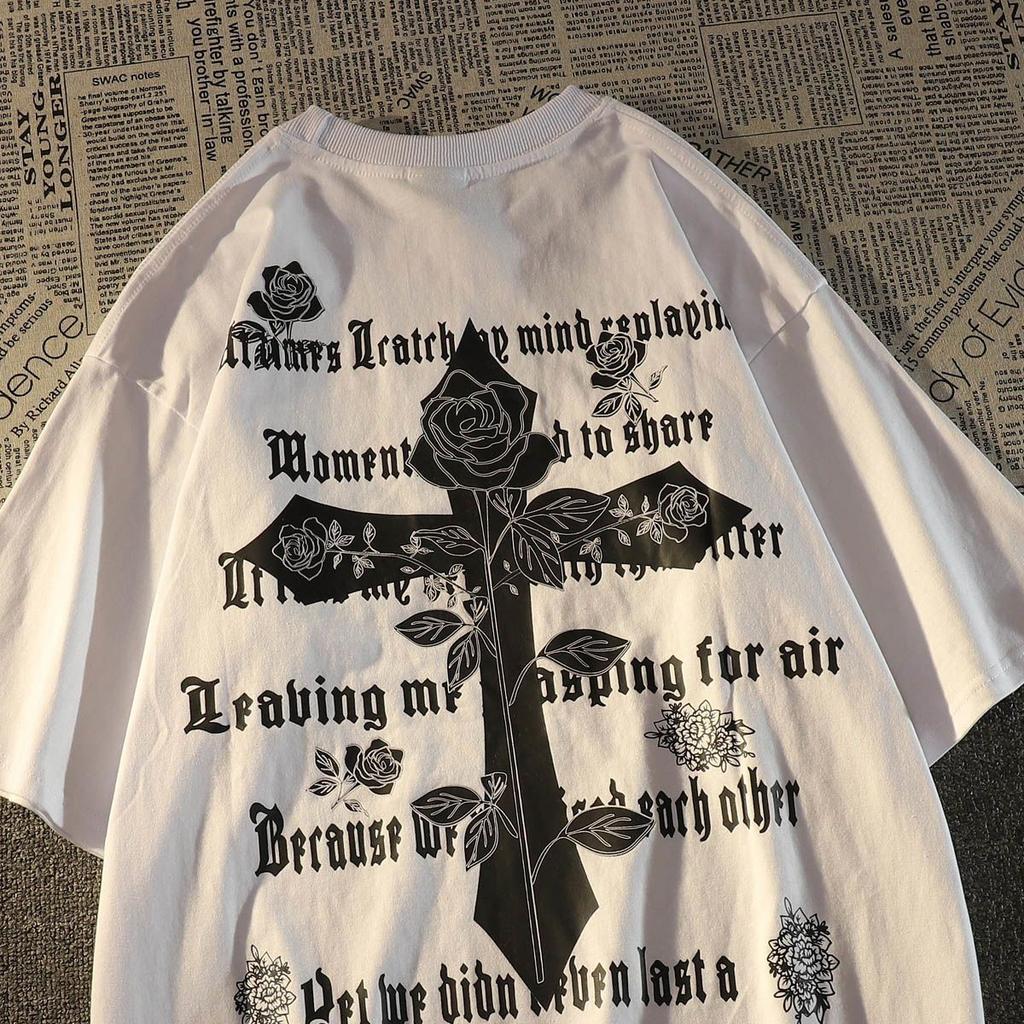 Retro Dark Rose Cross Loose Trendy Summer Tshirt 100 Cotton Cool Comfortable Versatile Adult Mens Daily Wear Soft Breathable
