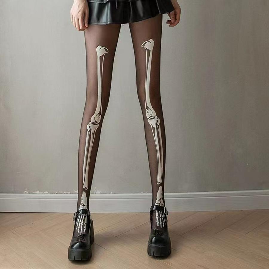 1 Piece White Bone Print Sexy Black Pantyhose, Valentine'S Day Exclusive, Gothic Bone Pattern, Anti-Snag & Ultra-Thin