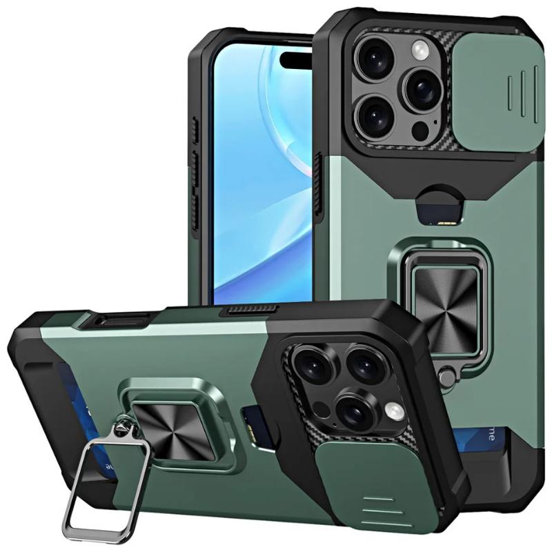 Stoßfestes, schweres Hartschalenetui mit Metallständer und Kartensteckplatz für das iPhone 16 Pro Max 15 Pro Max 14 Pro Max