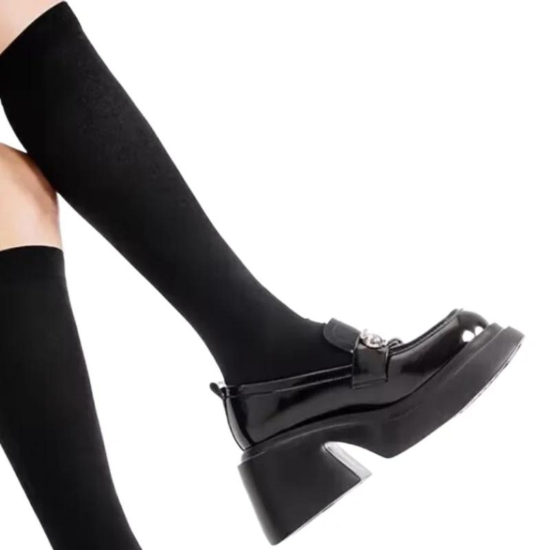 2024 New High Quality Round Toe Solid Color Women's Loafers with Metal Decoration Casual Mid-heeled Sleeve Women's High Heels