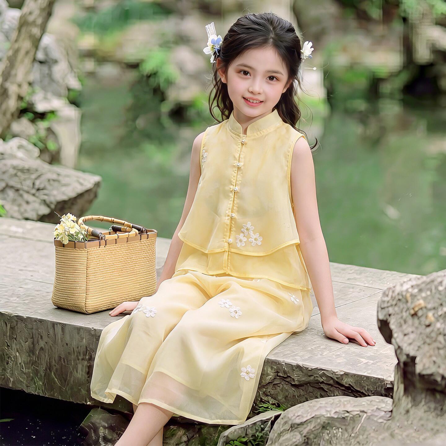 Girls Summer 2026 Hanfu Tang Suit - New Ancient Chinese Style Set for Little Girls 110 cm