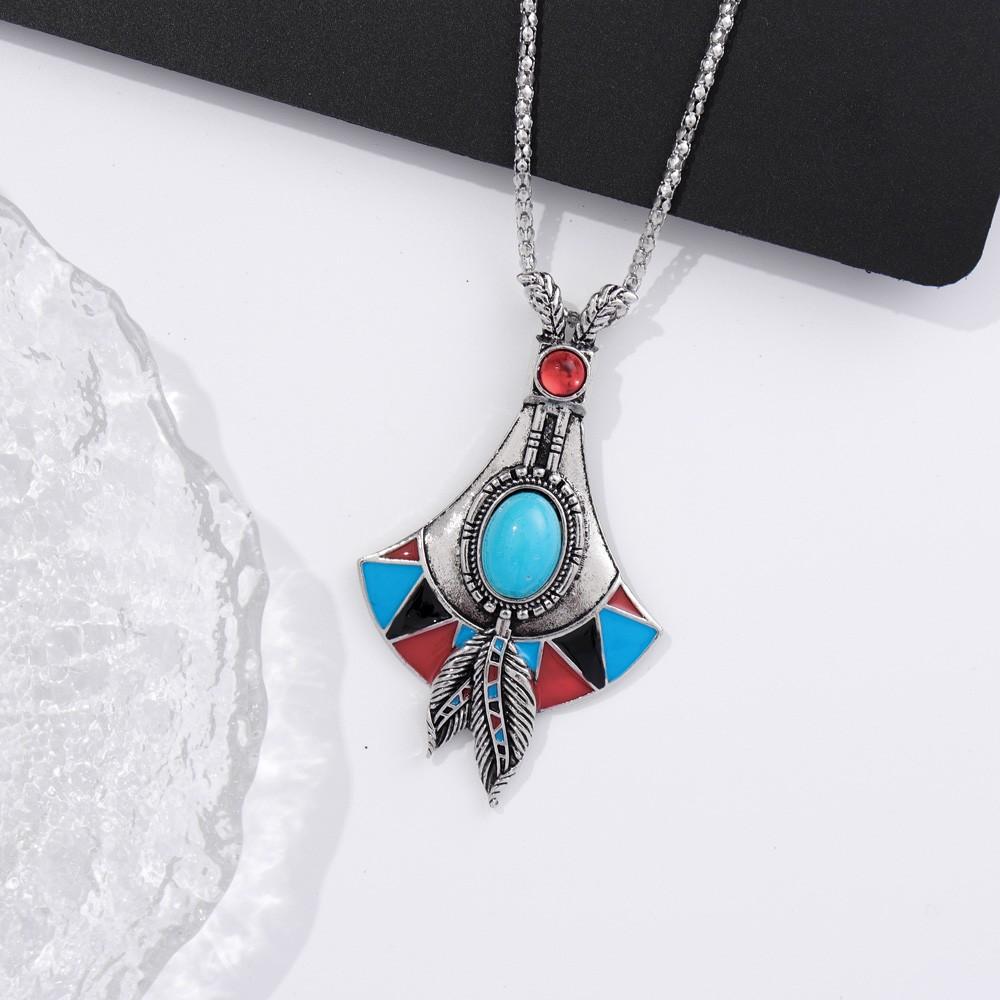Bohemian Tribal Ethnic Style Necklace Imitation Turquoise Feather Pendant Niche Necklace
