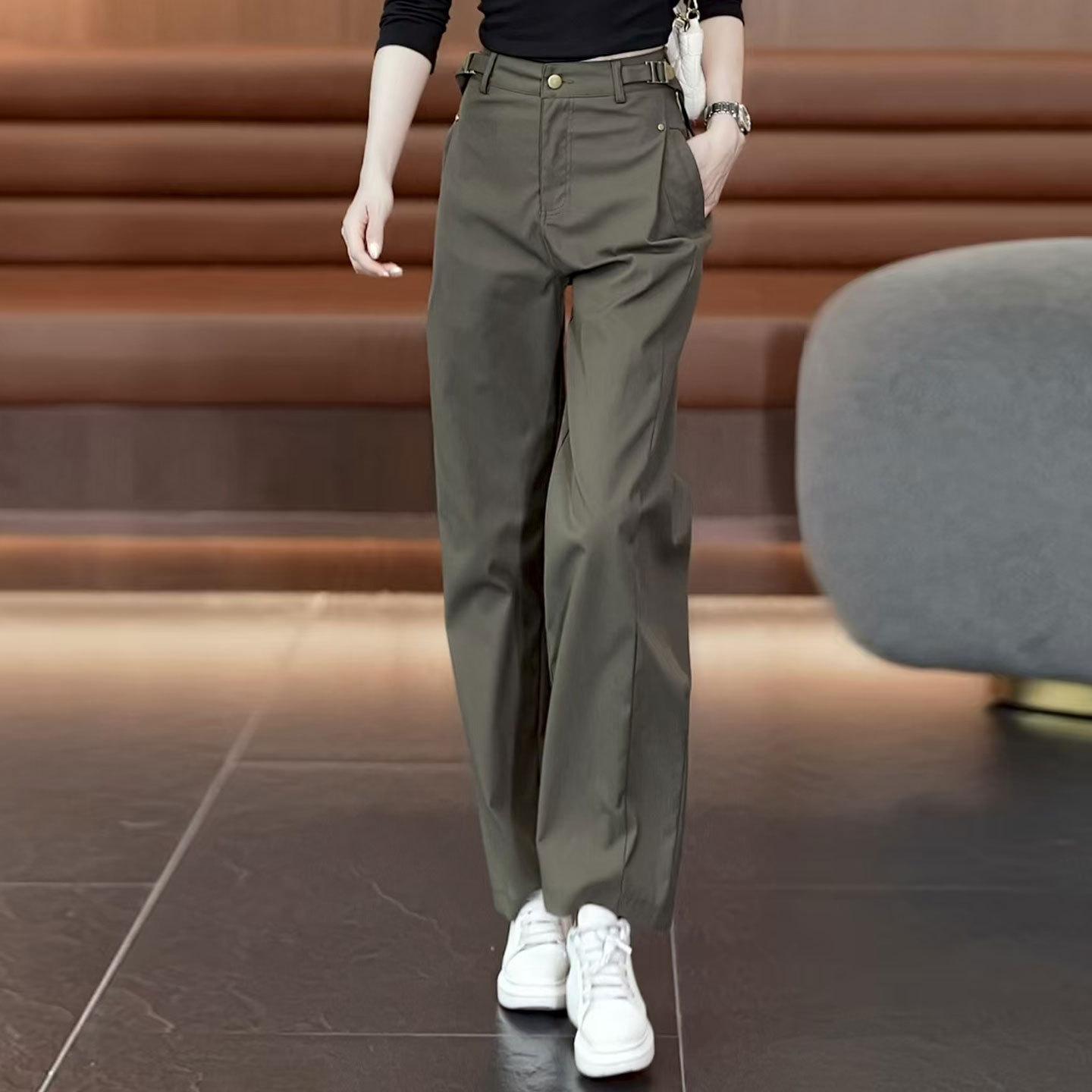 Women s Spring/Fall Loose-Fitting, Slimming, Drapey Straight-Leg Pants—Solid-Color, High-Waisted Workwear-Style Pants XXS