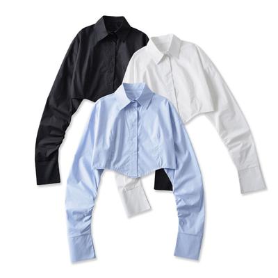 Long Sleeved Solid Color Shirt Trendy European And American Style Women'S Clothing Single Breasted Short Shirt Top