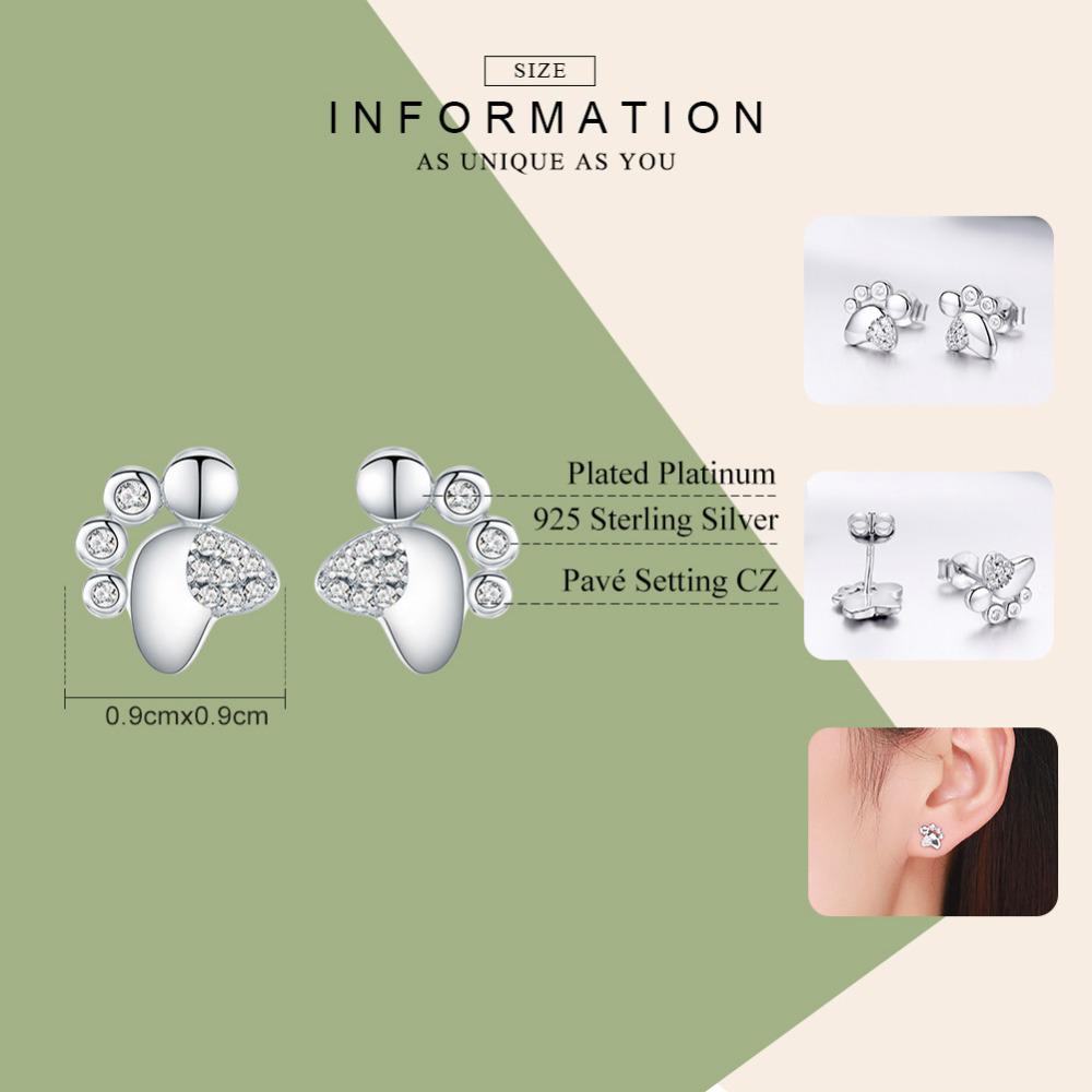 WOSTU 100% 925 Sterling Silver Footprints Tiny Stud Earrings For Women Small CZ Earrings