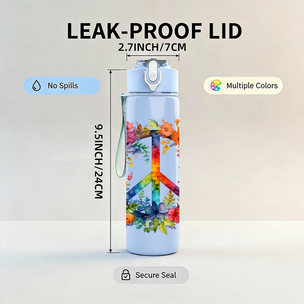 1PC Floral Peace Wreath 750ml Color Plastic Sports Water Bottle Leakproof Flip Straw Lid Suitable for Sports Office Home Use