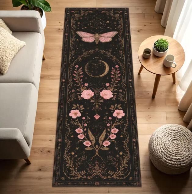 Tappeto runner floreale con stampa scura di falena in stile Boho per corridoio, antiscivolo, lungo, tappeto lavabile vintage per ingresso