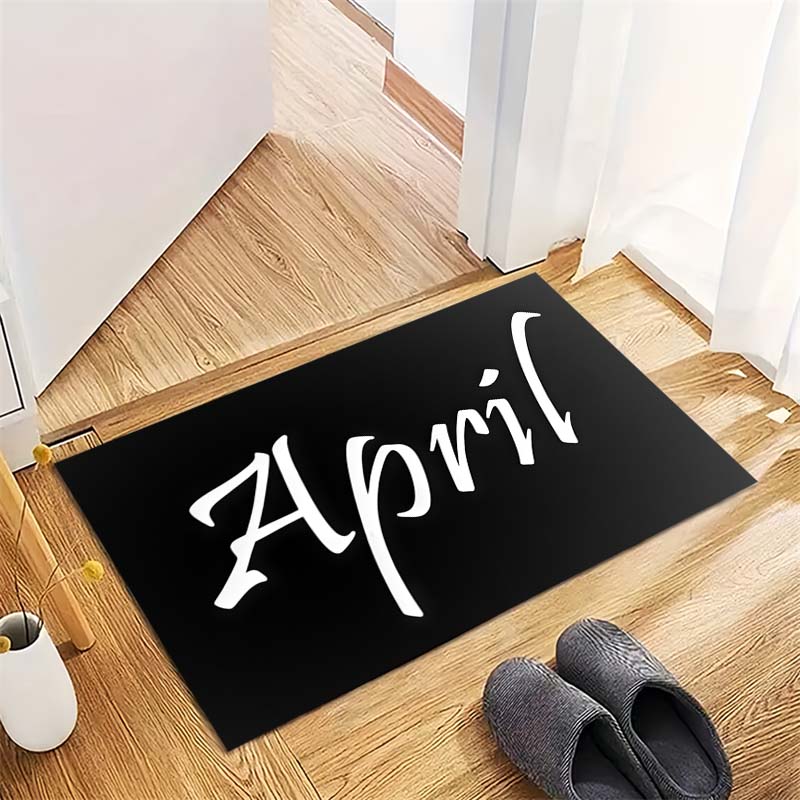 Black Background April Letter Text Print Area Rug Non‑Slip Rectangular Floor Mat Simple Modern Home Entry Decor
