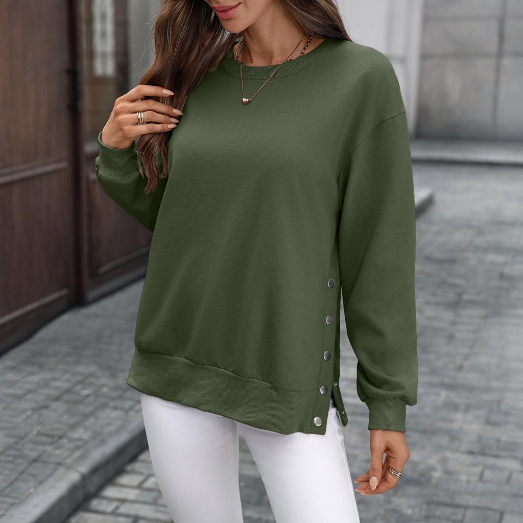 Women's Fashionable Round Neck Long Sleeved Solid Color Button Hem Slit Casual Hoodie Top