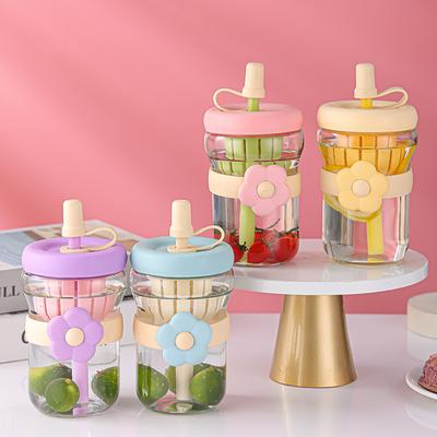 Cartoon Glass Flower Tea Strainer Cold Brew Cup Direct Drinking Straw Cup Female Students Children Cup