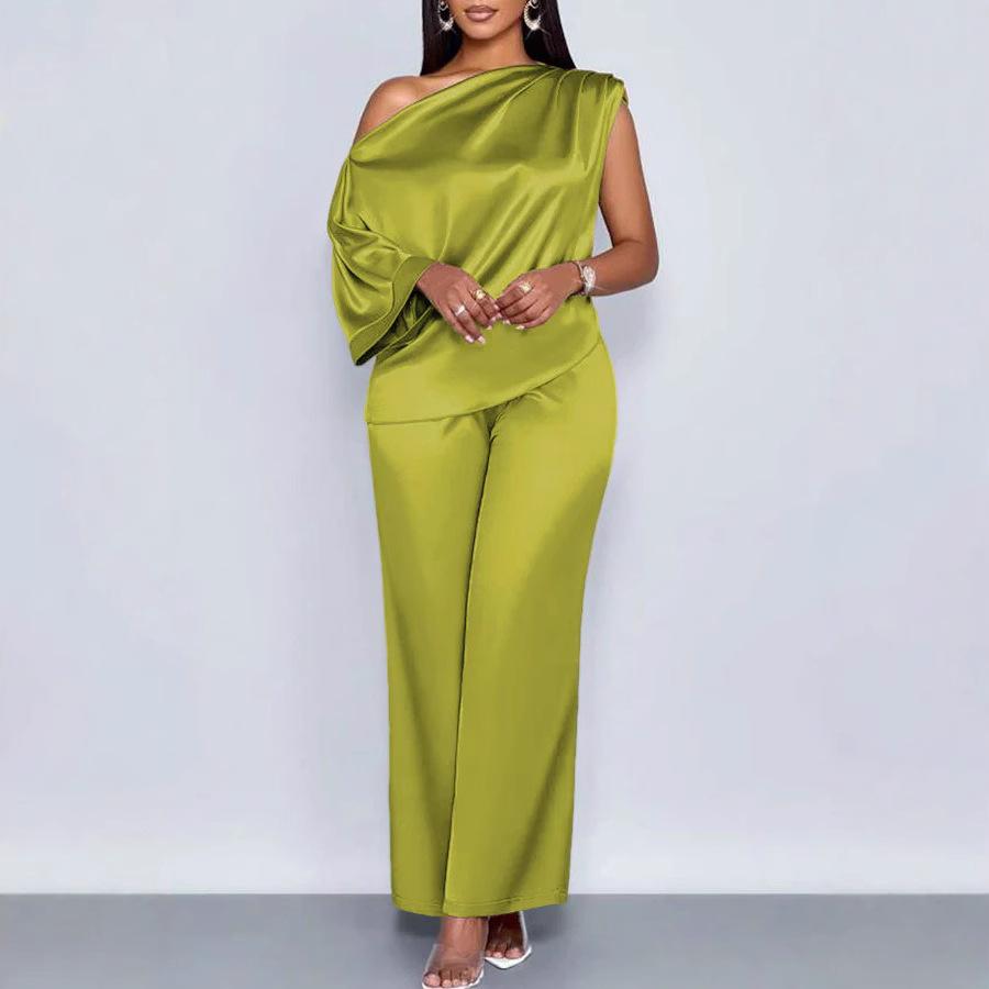 Damen One-Shoulder Drapierter Ärmelloser Uni-Farben Satiniert Weiter Bein Hosenanzug Set