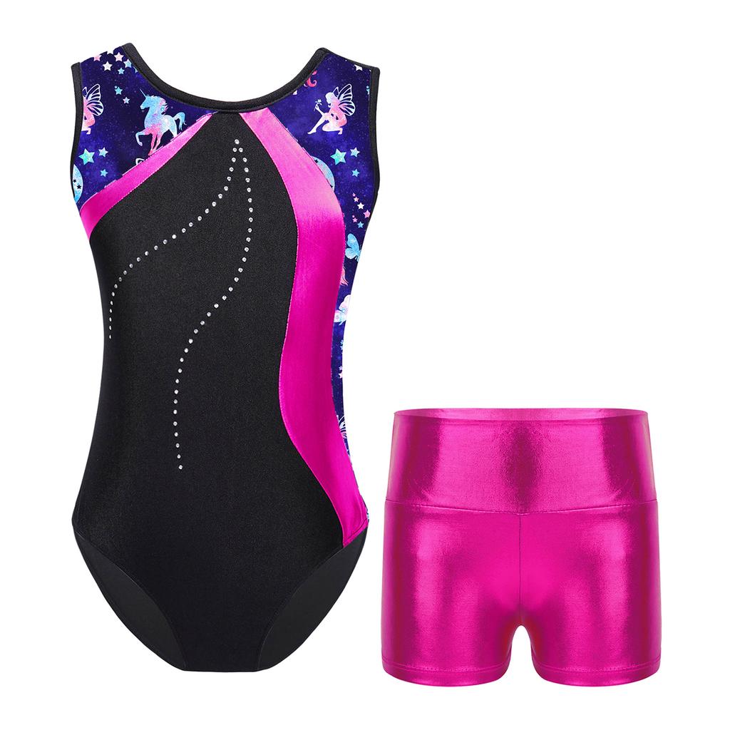 Girls Dance Leotard Sleeveless Patchwork Print Metallic High Waist Shorts Gymnastics Performance Outfit