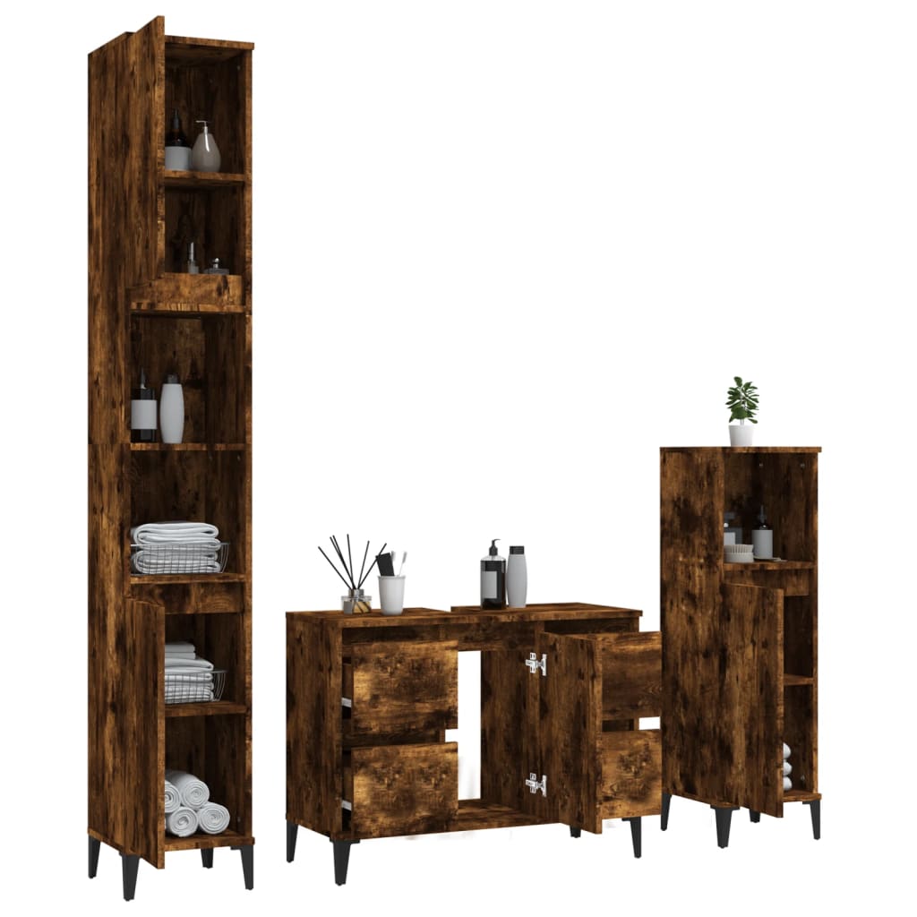 Vidaxl 3-Piece Bathroom Furniture Set, Smoked Oak