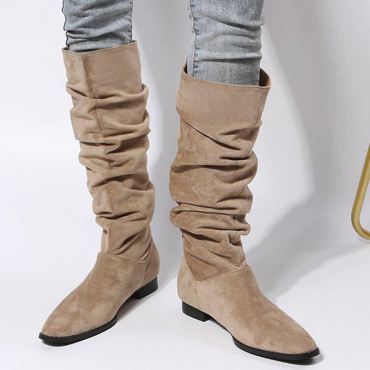 2022 Women's European & American Over-the-Knee Chunky Heel Velvet Boots with Pleated Stacked Sleeves