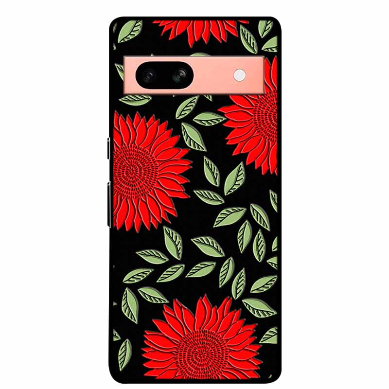 3D Flowers Case For Google Pixel 7a 5G Case Emboss Relief Floral Black Silicone Soft Back Covers For Google Pixel 7a Case Fundas