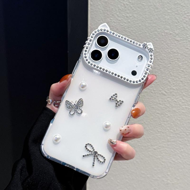 Barevně měnící motýlek s kočičími oušky a kamínky, roztomilé pouzdro na telefon pro Apple 17 Pro Max, iPhone 15/14/11, dekorativní ochranné pouzdro