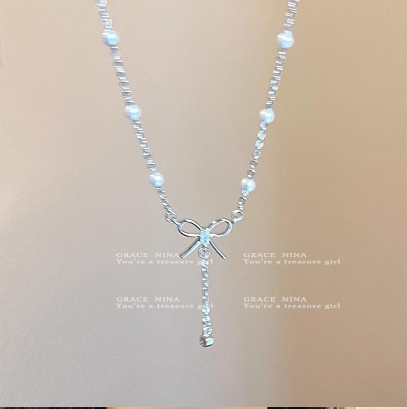 A frigid style bow imitation pearl necklace femininity high sense Internet celebrity versatile collarbone chain neck accessories
