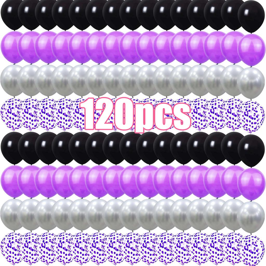 Black Purple Silver Confetti Latex Balloons 20–160 Pack, 12in Decor for Birthday Halloween Wedding