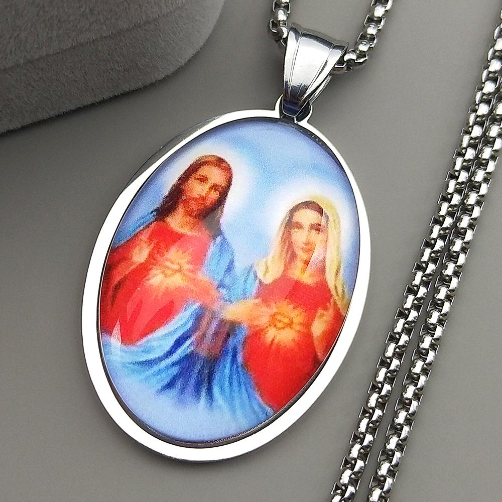 Naszyjnik z wisiorkiem w kształcie szklanego medalika Najświętszego Serca Maryi Jezusa dla Kobiet Mężczyzn Stal Nierdzewna Kolor Złoty Katolicki Amulet Biżuteria