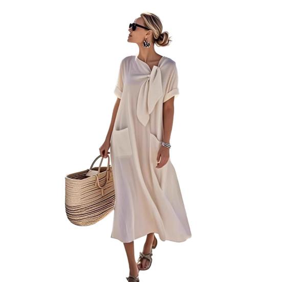 Women Summer Long Dress Tie Neck Short Sleeve Flowy Beach Sundress Casual Loose Vacation Long Dress with Pockets