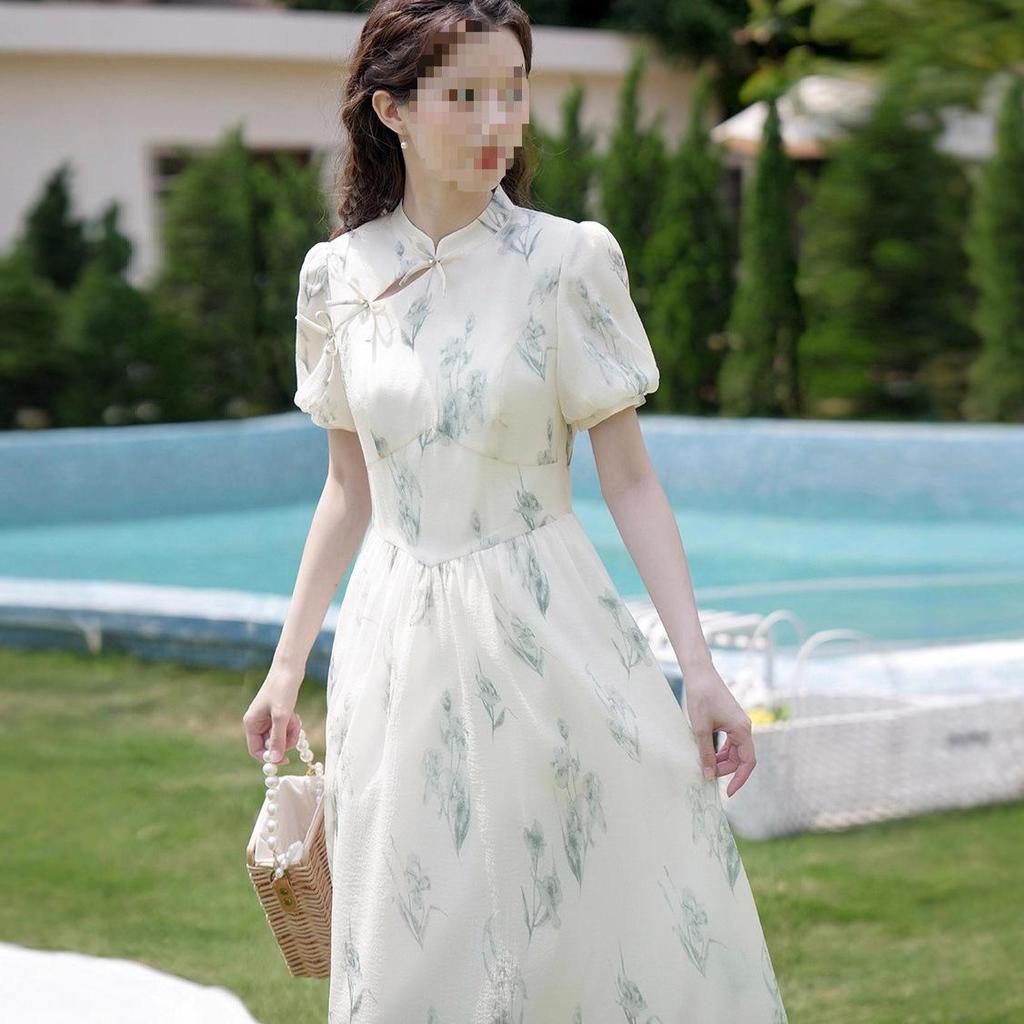 Women's Summer Qipao Dress: Chinese-Inspired Floral Print, Waist-Cinching, Puff Sleeves, Zipper, Mid-Length A-Line